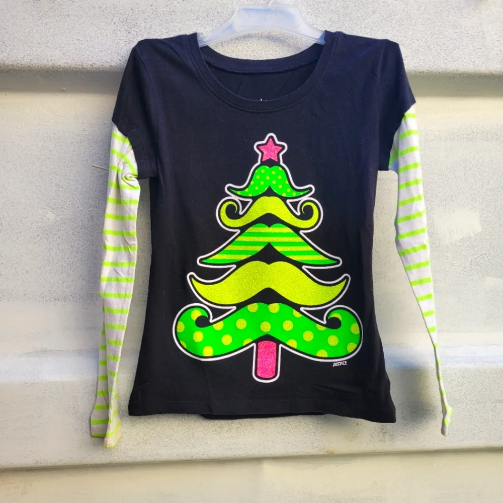 Justice mustache Christmas tree presents top shirt 6 glitter